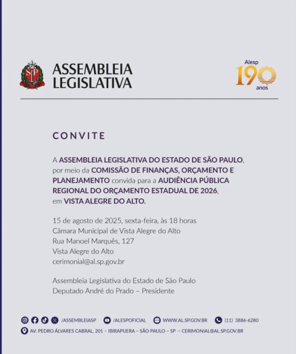 Audiência Pública Regional do Orçamento Estadual de 2026 será realizada em Vista Alegre do Alto