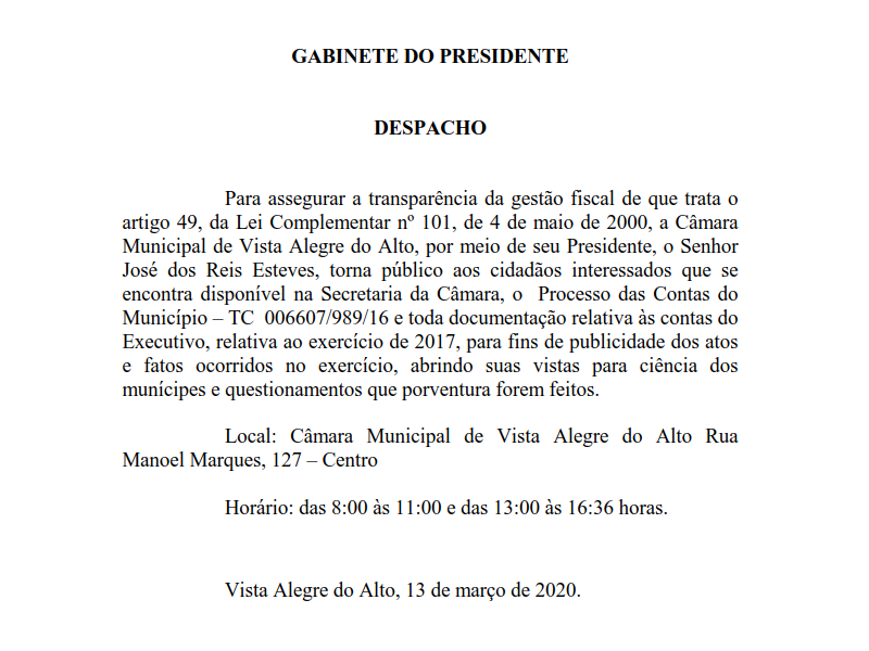 Disponibilidade de Contas Públicas Executivo - Exercício 2017.