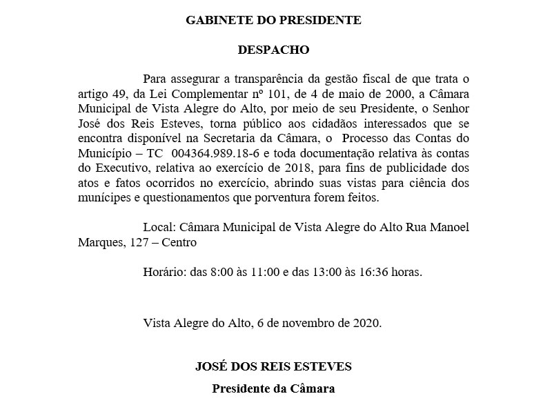 Disponibilidade de Contas Públicas Executivo - Exercício 2018.