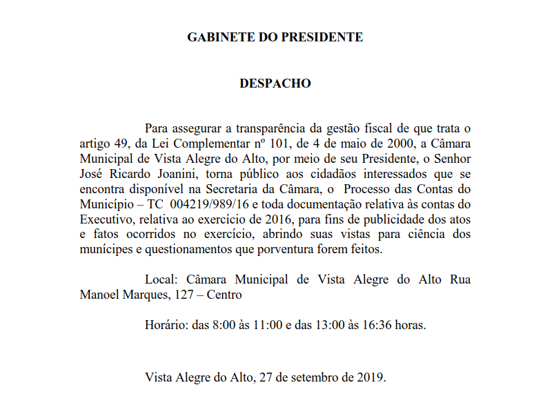 Disponibilidade de Contas Públicas Executivo - Exercício 2016.